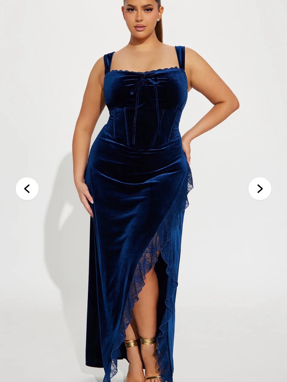 Fashion Nova Navy Velvet Lace-Trim Corset Maxi Dress